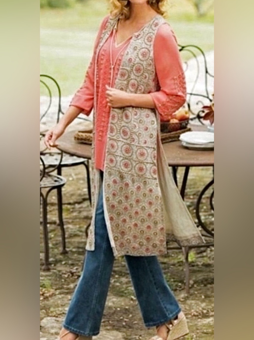 ▪️Soft Surroundings Alhambra Beaded Vest Duster in cream, peach, gold accents